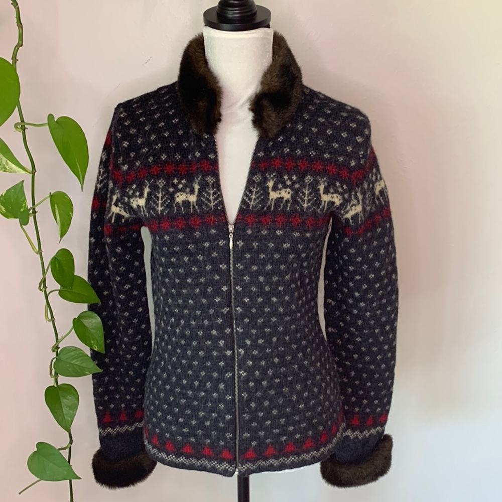 Vintage Lauren Ralph Lauren Fair Isle Wool Cardigan w/ Fur Trim